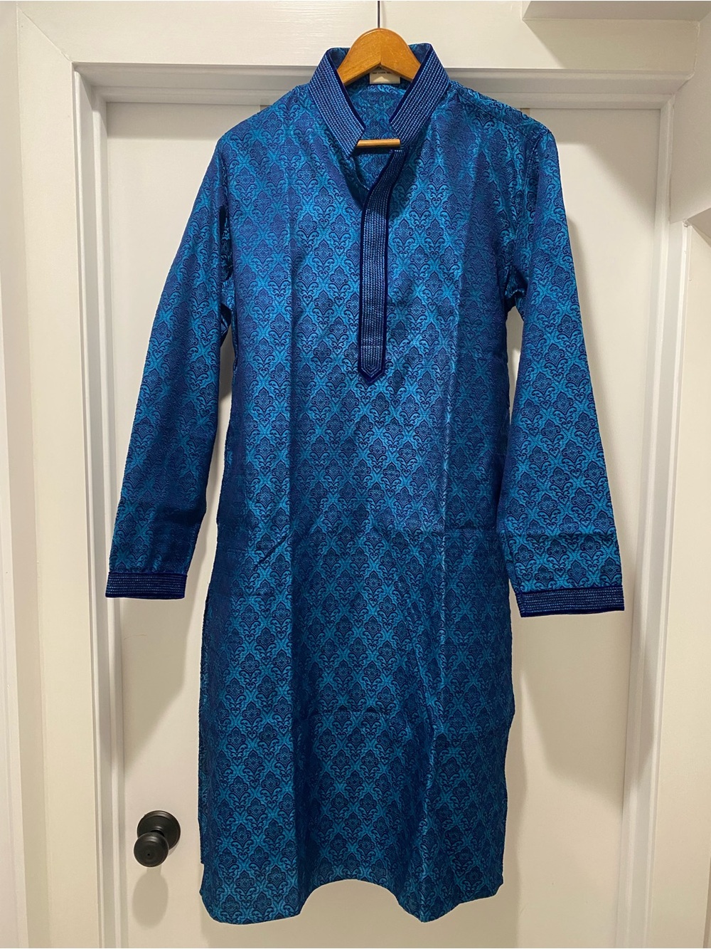 MANYAVAR Mens Royal Blue Silk Jacquard Kurta Shirt Size M 38 Wedding Festival